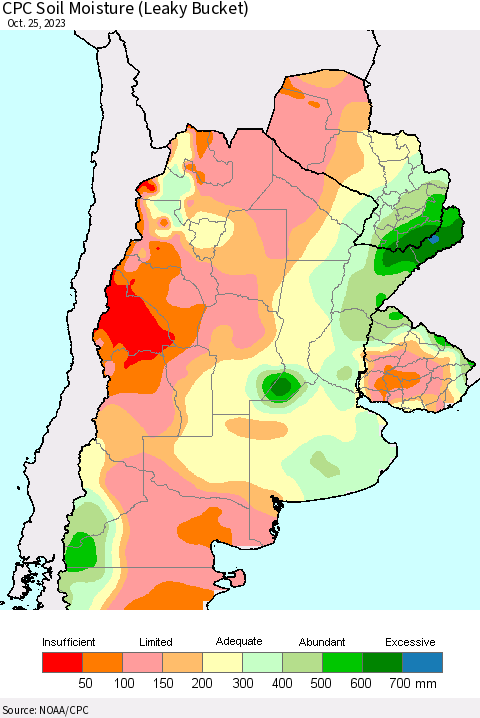 Southern South America CPC Soil Moisture (Leaky Bucket) Thematic Map For 10/21/2023 - 10/25/2023