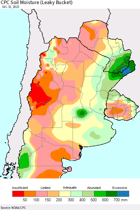 Southern South America CPC Soil Moisture (Leaky Bucket) Thematic Map For 10/26/2023 - 10/31/2023