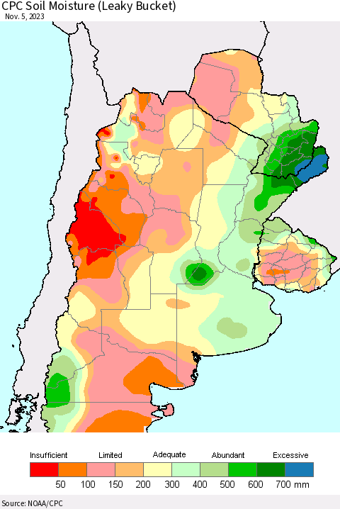 Southern South America CPC Soil Moisture (Leaky Bucket) Thematic Map For 11/1/2023 - 11/5/2023