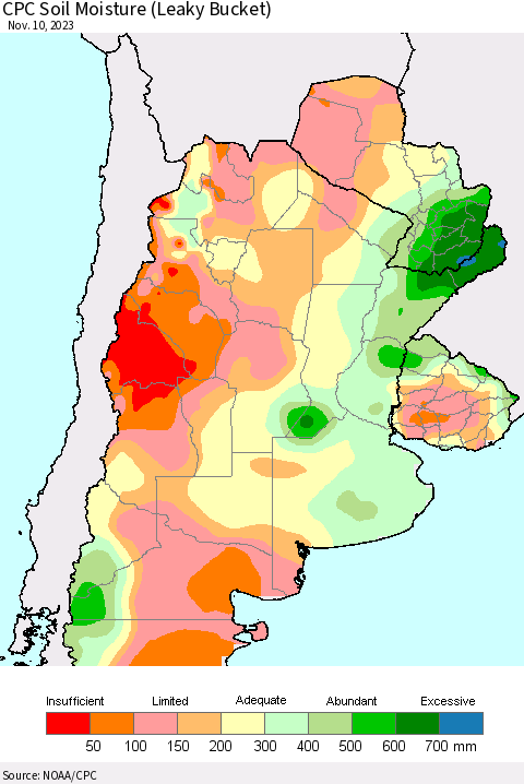 Southern South America CPC Soil Moisture (Leaky Bucket) Thematic Map For 11/6/2023 - 11/10/2023