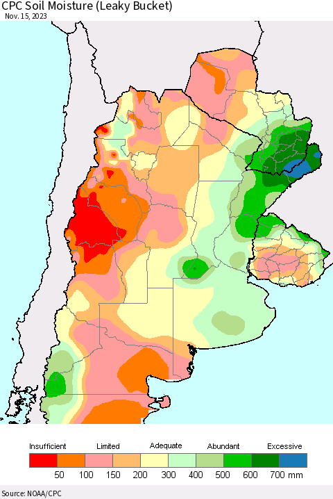 Southern South America CPC Soil Moisture (Leaky Bucket) Thematic Map For 11/11/2023 - 11/15/2023