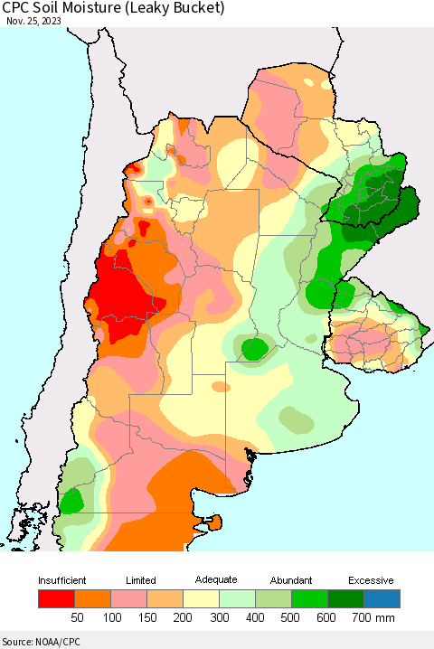 Southern South America CPC Soil Moisture (Leaky Bucket) Thematic Map For 11/21/2023 - 11/25/2023
