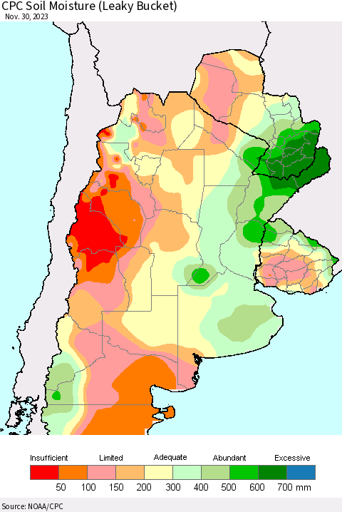 Southern South America CPC Soil Moisture (Leaky Bucket) Thematic Map For 11/26/2023 - 11/30/2023