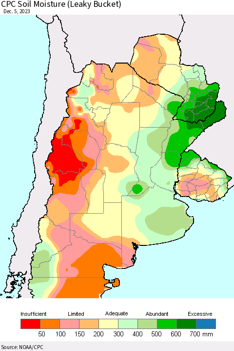 Southern South America CPC Soil Moisture (Leaky Bucket) Thematic Map For 12/1/2023 - 12/5/2023