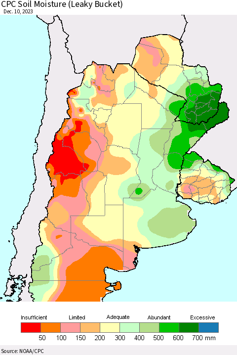 Southern South America CPC Soil Moisture (Leaky Bucket) Thematic Map For 12/6/2023 - 12/10/2023