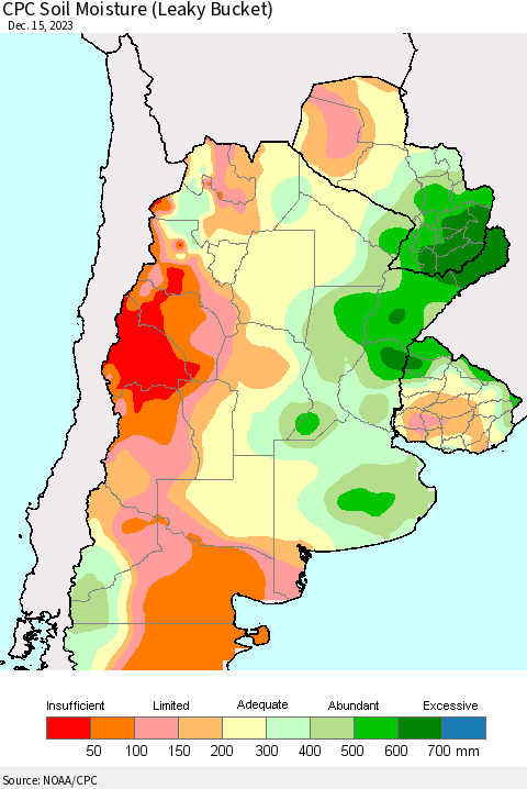 Southern South America CPC Soil Moisture (Leaky Bucket) Thematic Map For 12/11/2023 - 12/15/2023