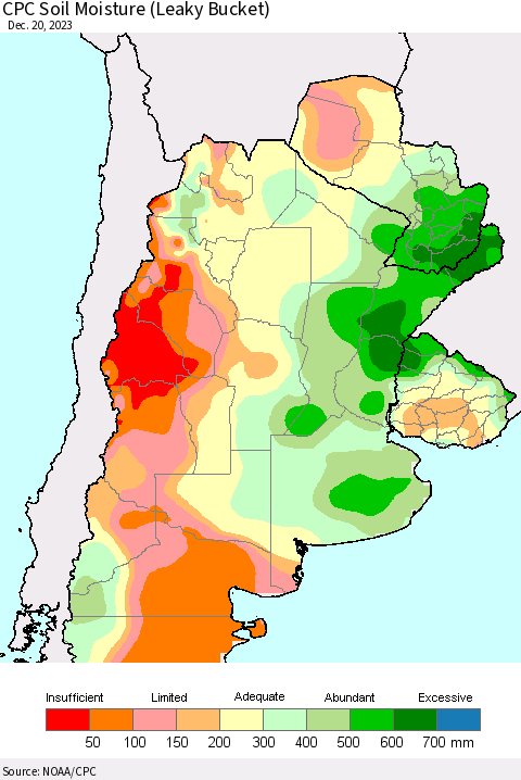 Southern South America CPC Soil Moisture (Leaky Bucket) Thematic Map For 12/16/2023 - 12/20/2023