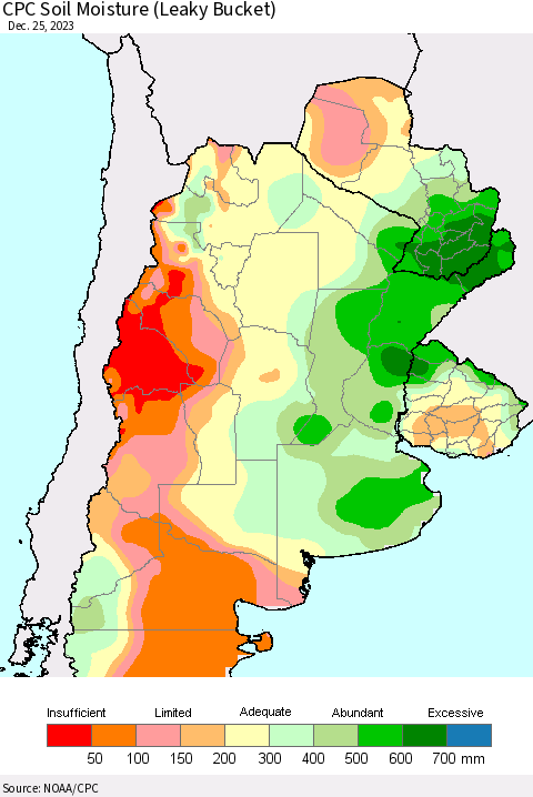 Southern South America CPC Soil Moisture (Leaky Bucket) Thematic Map For 12/21/2023 - 12/25/2023