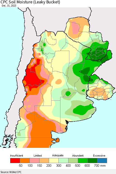 Southern South America CPC Soil Moisture (Leaky Bucket) Thematic Map For 12/26/2023 - 12/31/2023