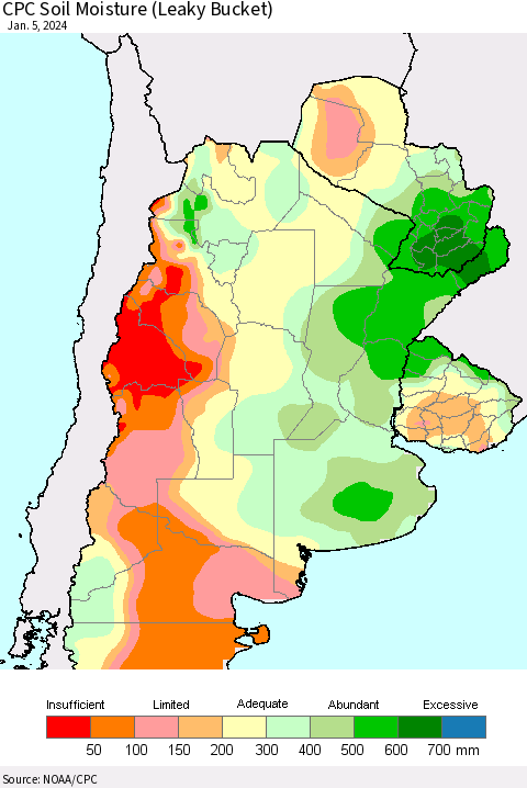 Southern South America CPC Soil Moisture (Leaky Bucket) Thematic Map For 1/1/2024 - 1/5/2024