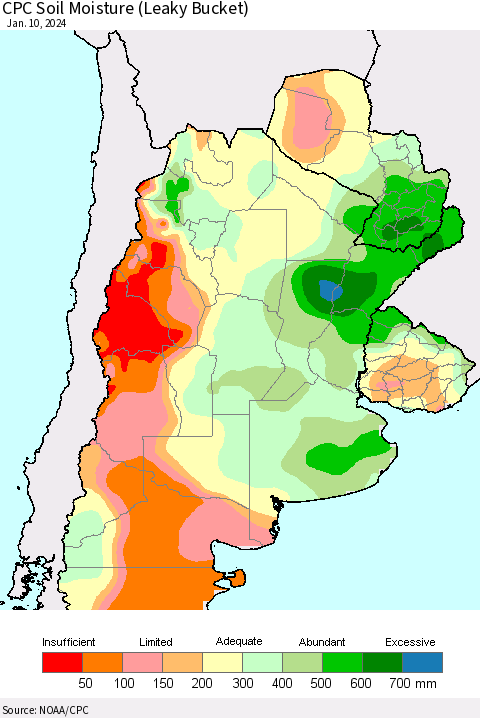 Southern South America CPC Soil Moisture (Leaky Bucket) Thematic Map For 1/6/2024 - 1/10/2024