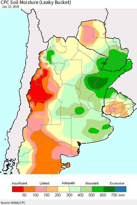 Southern South America CPC Soil Moisture (Leaky Bucket) Thematic Map For 1/11/2024 - 1/15/2024