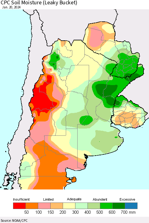 Southern South America CPC Soil Moisture (Leaky Bucket) Thematic Map For 1/16/2024 - 1/20/2024