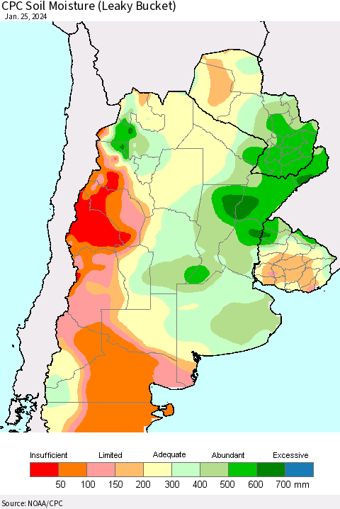 Southern South America CPC Soil Moisture (Leaky Bucket) Thematic Map For 1/21/2024 - 1/25/2024