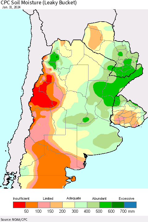 Southern South America CPC Soil Moisture (Leaky Bucket) Thematic Map For 1/26/2024 - 1/31/2024