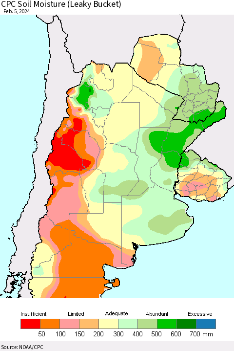Southern South America CPC Soil Moisture (Leaky Bucket) Thematic Map For 2/1/2024 - 2/5/2024