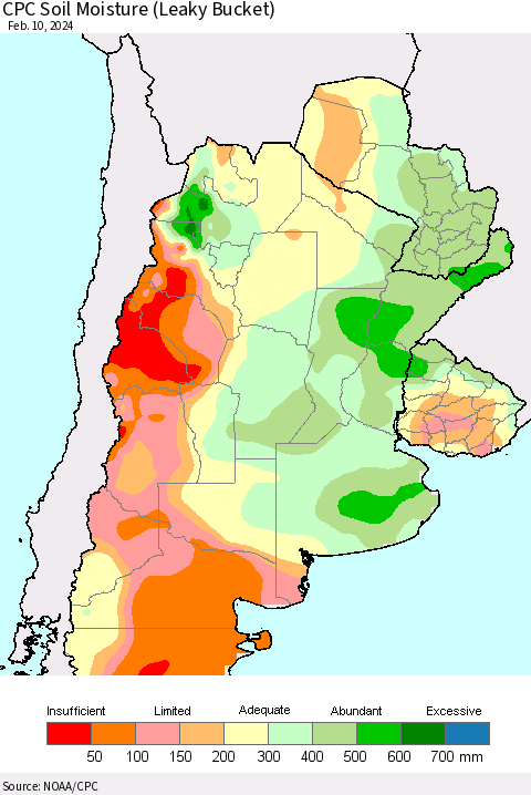 Southern South America CPC Soil Moisture (Leaky Bucket) Thematic Map For 2/6/2024 - 2/10/2024