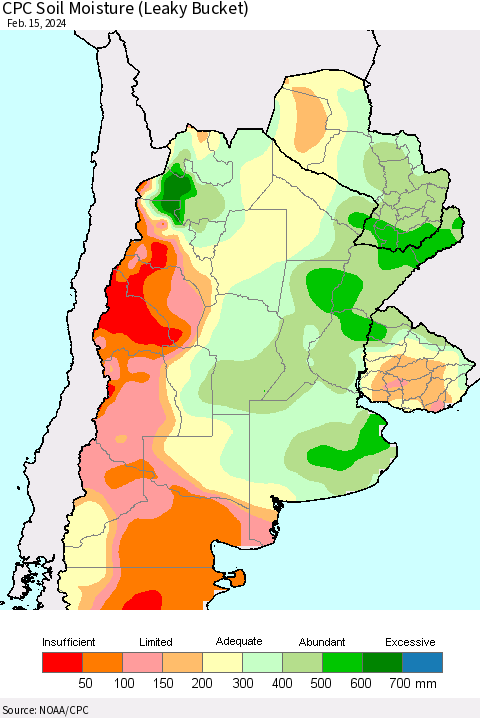 Southern South America CPC Soil Moisture (Leaky Bucket) Thematic Map For 2/11/2024 - 2/15/2024