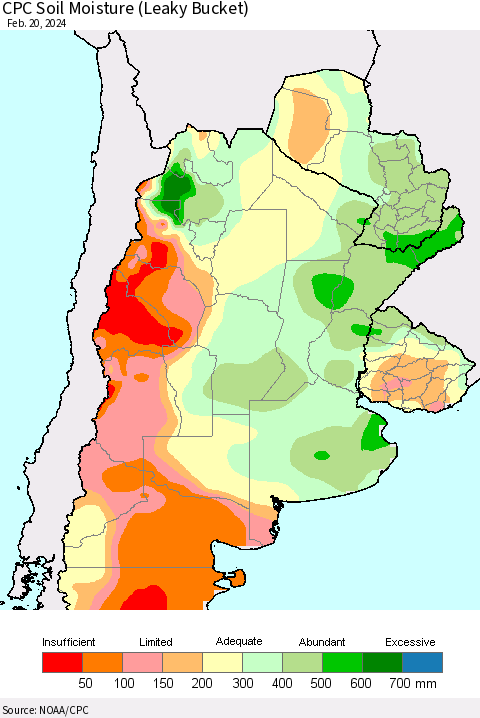 Southern South America CPC Soil Moisture (Leaky Bucket) Thematic Map For 2/16/2024 - 2/20/2024