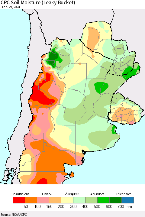 Southern South America CPC Soil Moisture (Leaky Bucket) Thematic Map For 2/26/2024 - 2/29/2024