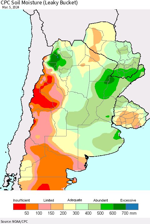 Southern South America CPC Soil Moisture (Leaky Bucket) Thematic Map For 3/1/2024 - 3/5/2024