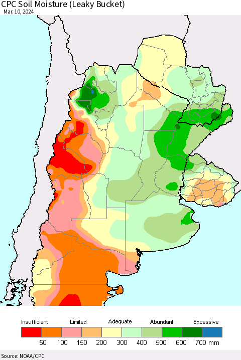 Southern South America CPC Soil Moisture (Leaky Bucket) Thematic Map For 3/6/2024 - 3/10/2024