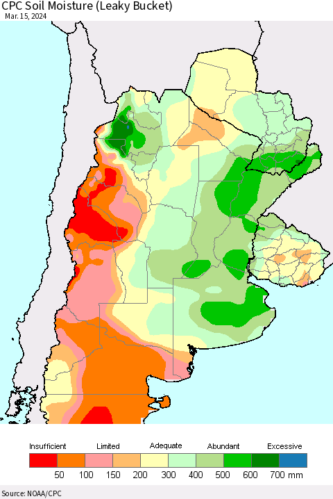 Southern South America CPC Soil Moisture (Leaky Bucket) Thematic Map For 3/11/2024 - 3/15/2024
