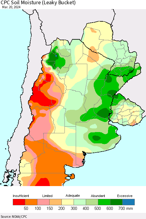 Southern South America CPC Soil Moisture (Leaky Bucket) Thematic Map For 3/16/2024 - 3/20/2024
