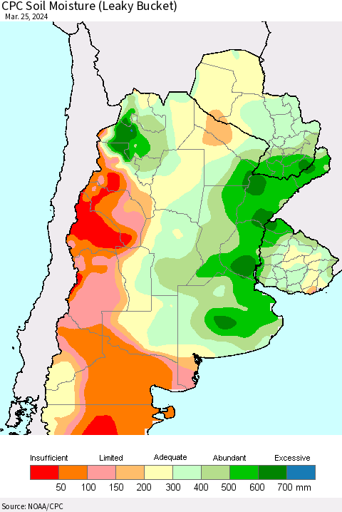Southern South America CPC Soil Moisture (Leaky Bucket) Thematic Map For 3/21/2024 - 3/25/2024