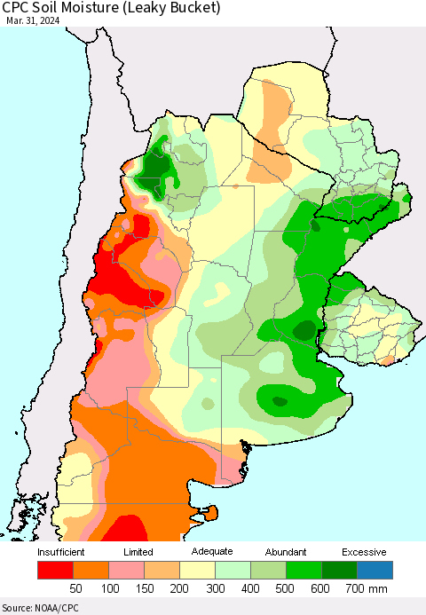 Southern South America CPC Soil Moisture (Leaky Bucket) Thematic Map For 3/26/2024 - 3/31/2024
