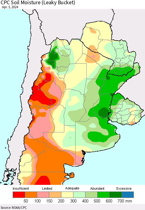 Southern South America CPC Soil Moisture (Leaky Bucket) Thematic Map For 4/1/2024 - 4/5/2024