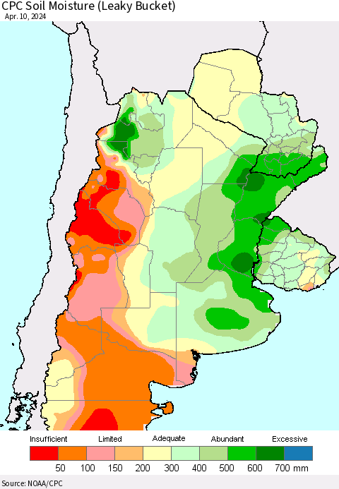 Southern South America CPC Soil Moisture (Leaky Bucket) Thematic Map For 4/6/2024 - 4/10/2024