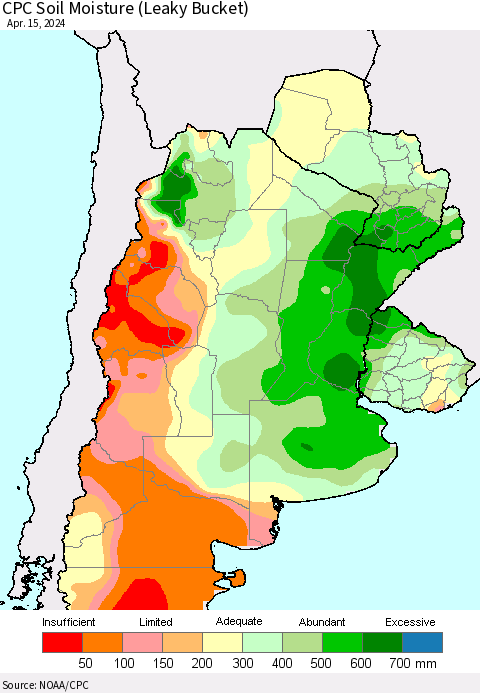Southern South America CPC Soil Moisture (Leaky Bucket) Thematic Map For 4/11/2024 - 4/15/2024