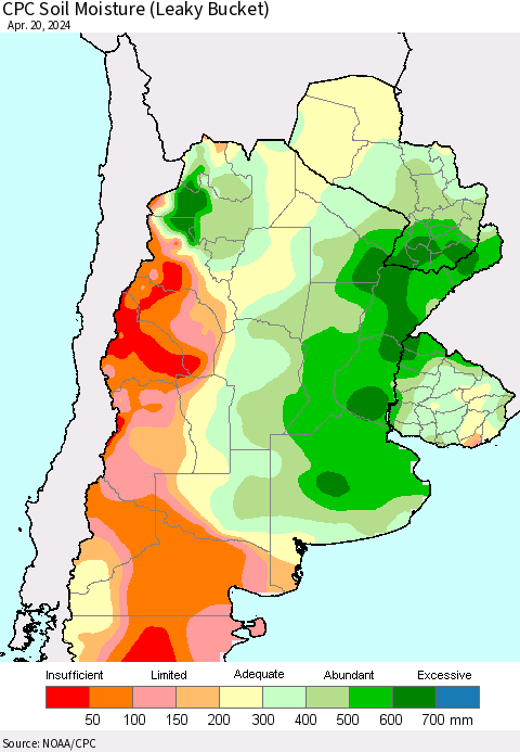 Southern South America CPC Soil Moisture (Leaky Bucket) Thematic Map For 4/16/2024 - 4/20/2024