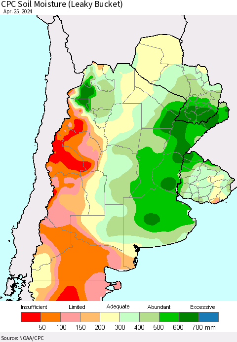 Southern South America CPC Soil Moisture (Leaky Bucket) Thematic Map For 4/21/2024 - 4/25/2024