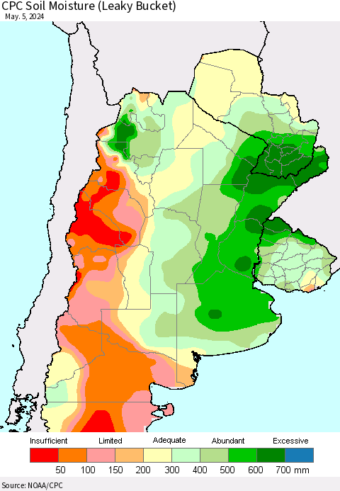 Southern South America CPC Soil Moisture (Leaky Bucket) Thematic Map For 5/1/2024 - 5/5/2024