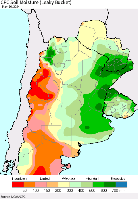 Southern South America CPC Soil Moisture (Leaky Bucket) Thematic Map For 5/6/2024 - 5/10/2024