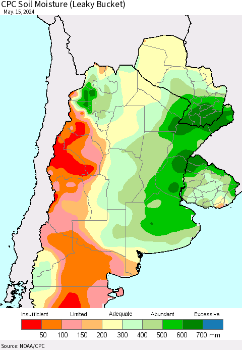 Southern South America CPC Soil Moisture (Leaky Bucket) Thematic Map For 5/11/2024 - 5/15/2024