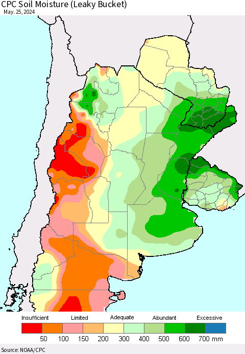 Southern South America CPC Soil Moisture (Leaky Bucket) Thematic Map For 5/21/2024 - 5/25/2024