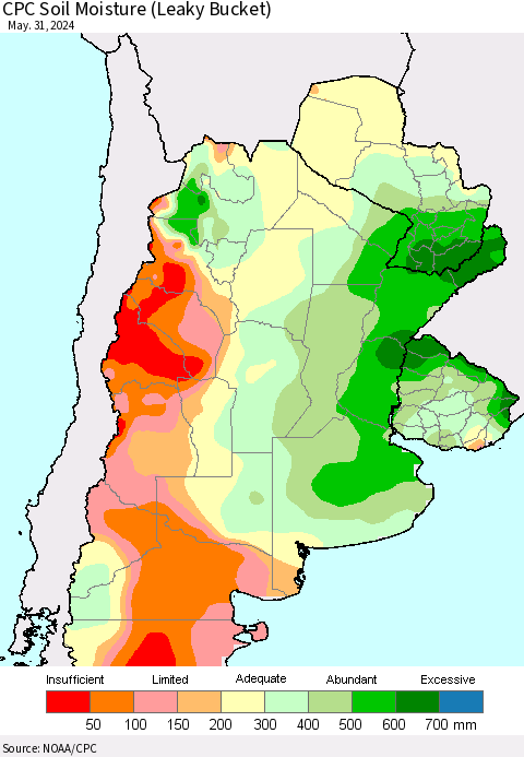 Southern South America CPC Soil Moisture (Leaky Bucket) Thematic Map For 5/26/2024 - 5/31/2024