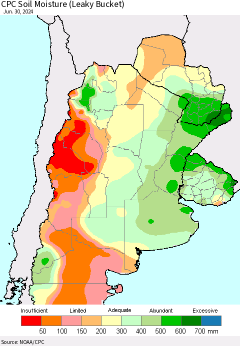 Southern South America CPC Soil Moisture (Leaky Bucket) Thematic Map For 6/26/2024 - 6/30/2024