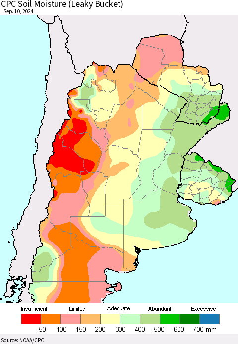 Southern South America CPC Soil Moisture (Leaky Bucket) Thematic Map For 9/6/2024 - 9/10/2024