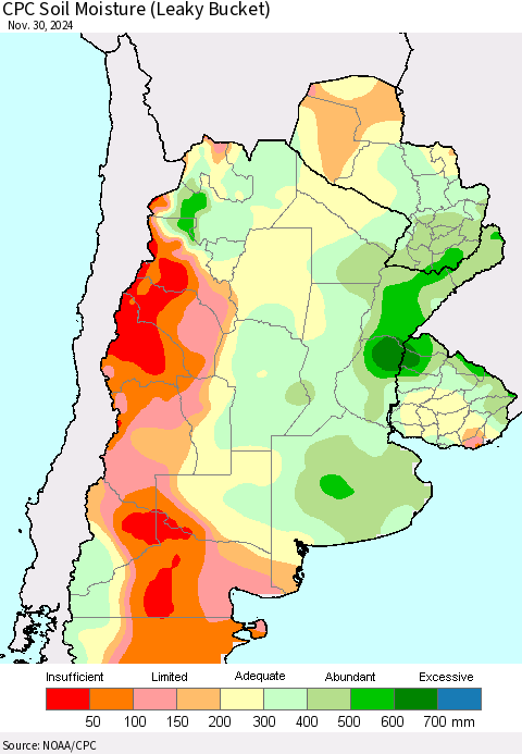 Southern South America CPC Soil Moisture (Leaky Bucket) Thematic Map For 11/26/2024 - 11/30/2024