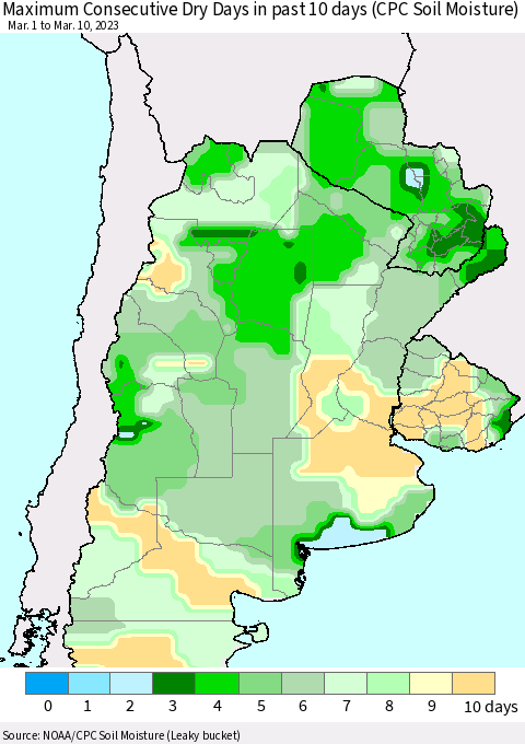 Southern South America Maximum Consecutive Dry Days in past 10 days (CPC Soil Moisture) Thematic Map For 3/6/2023 - 3/10/2023
