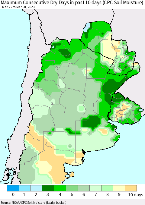 Southern South America Maximum Consecutive Dry Days in past 10 days (CPC Soil Moisture) Thematic Map For 3/26/2023 - 3/31/2023