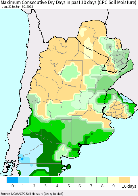 Southern South America Maximum Consecutive Dry Days in past 10 days (CPC Soil Moisture) Thematic Map For 6/26/2023 - 6/30/2023