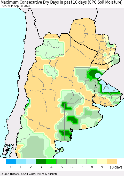 Southern South America Maximum Consecutive Dry Days in past 10 days (CPC Soil Moisture) Thematic Map For 9/26/2023 - 9/30/2023