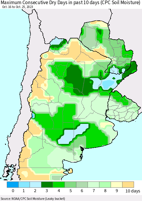 Southern South America Maximum Consecutive Dry Days in past 10 days (CPC Soil Moisture) Thematic Map For 10/21/2023 - 10/25/2023