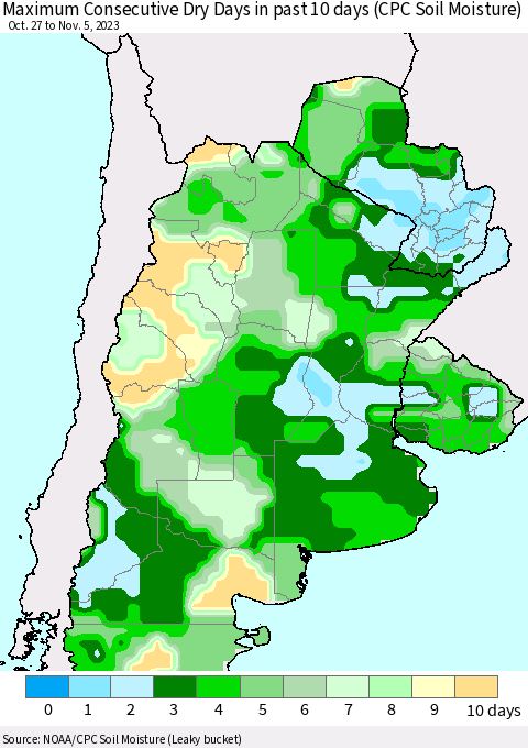 Southern South America Maximum Consecutive Dry Days in past 10 days (CPC Soil Moisture) Thematic Map For 11/1/2023 - 11/5/2023