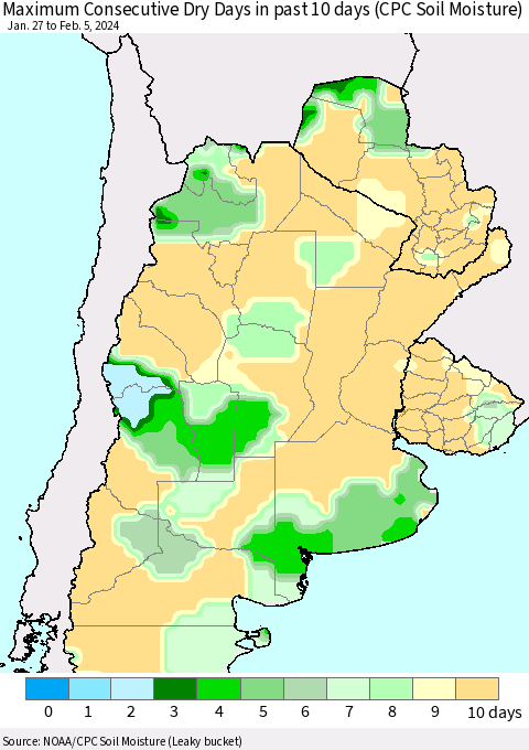 Southern South America Maximum Consecutive Dry Days in past 10 days (CPC Soil Moisture) Thematic Map For 2/1/2024 - 2/5/2024